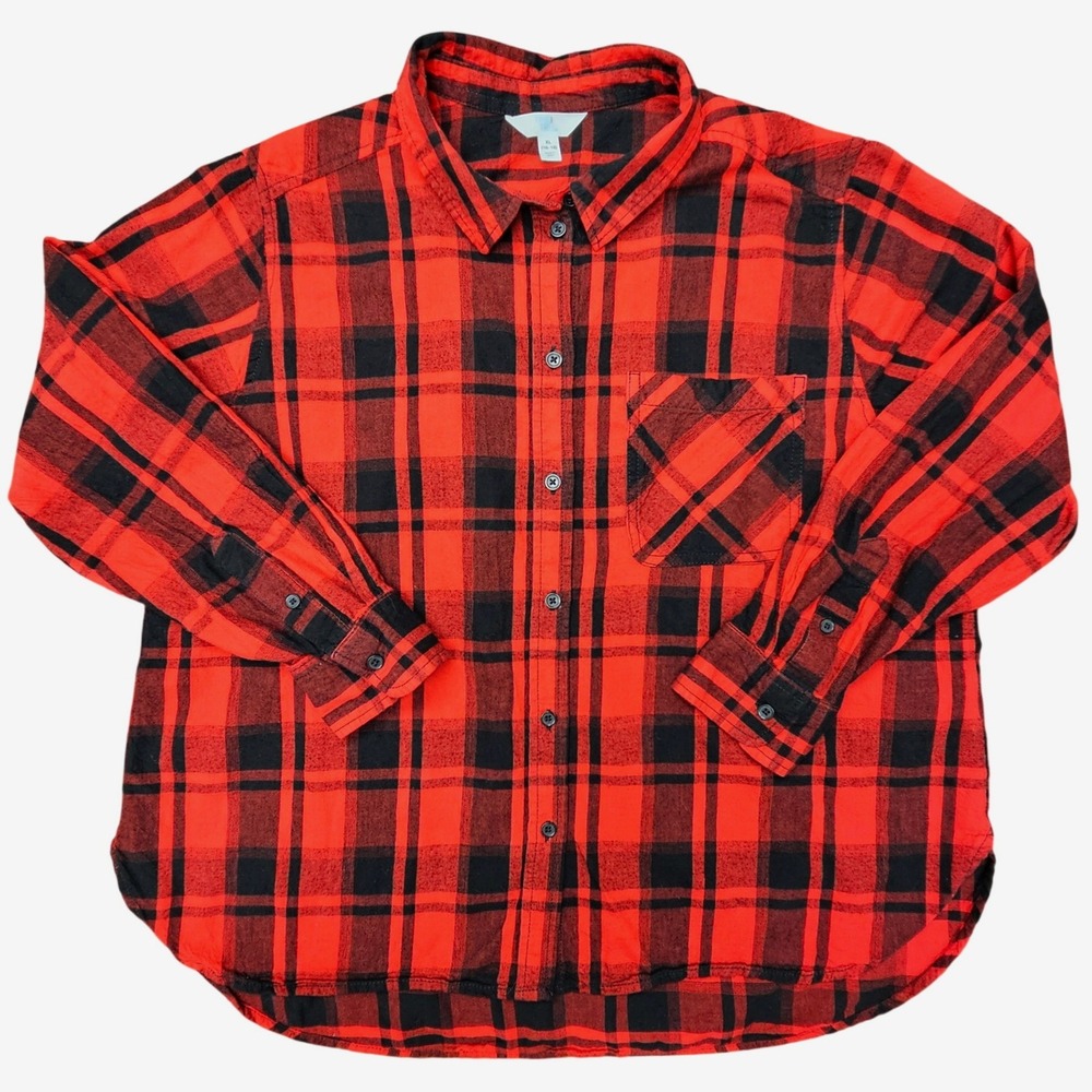 Time and Tru Flannel Shirt Womens XL Red Black Buffalo Plaid Cotton Lumberjack
